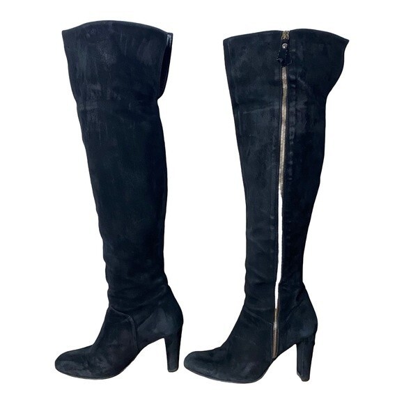 Stuart Weitzman Black Suede Over the Knee Heeled Boots Zipper Size 7.5 - Picture 1 of 14